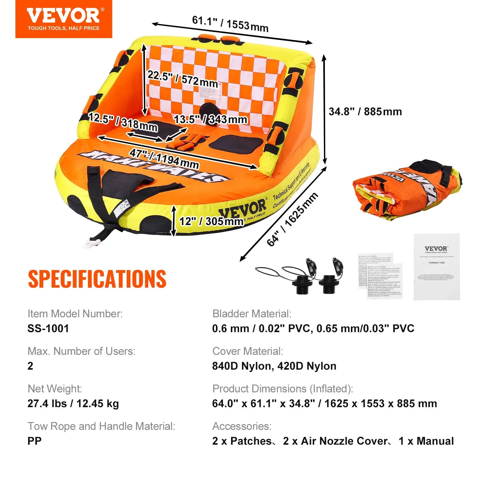 VEVOR Towable Tube for Boating, 1-2 Riders Inflatable Towable Tubes with Deck Seats and Backrest, 340 lbs Water Sport Tube for Boat to Pull, Full Nylon Cover, EVA Grab Handles and Speed Safety Valve