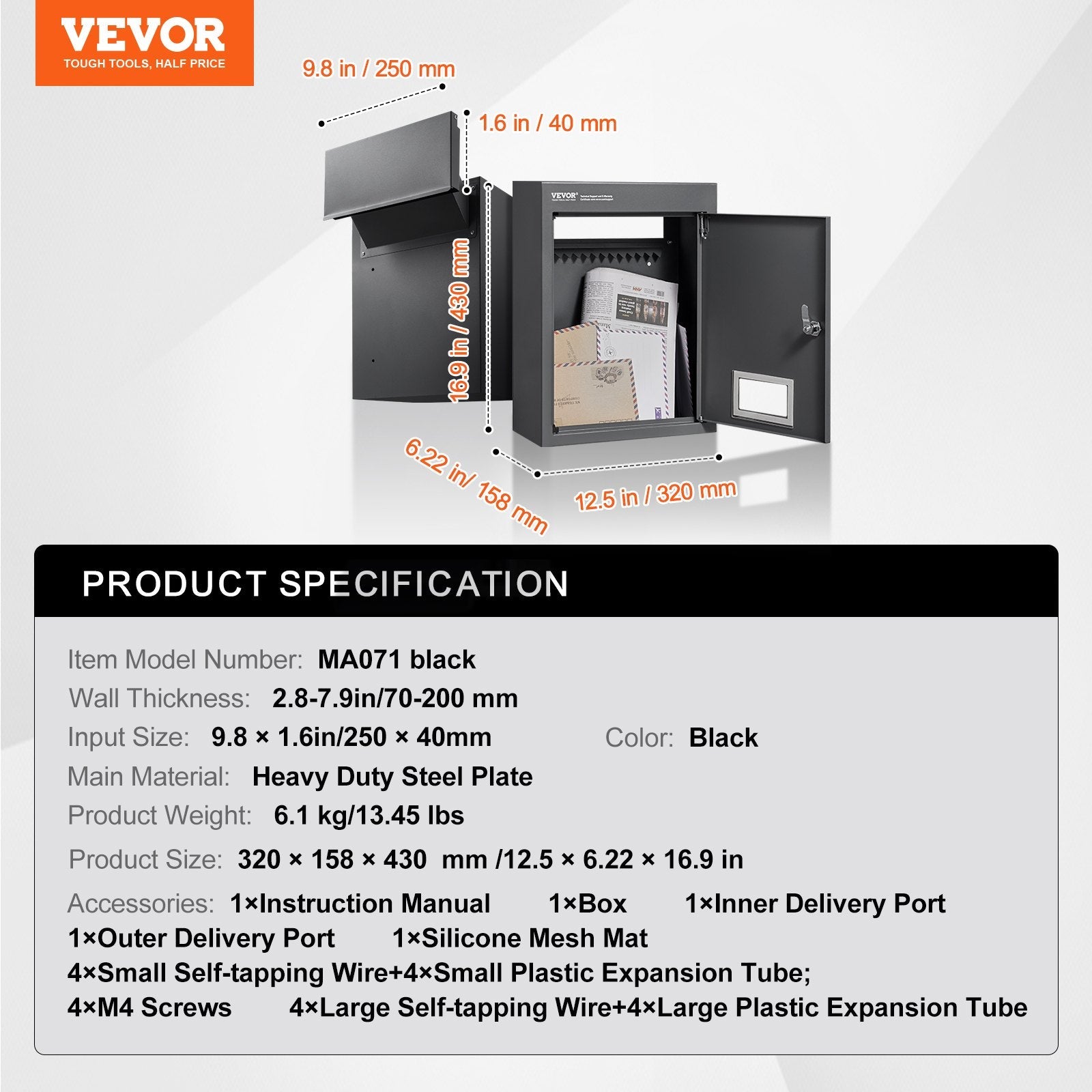 VEVOR Through The Wall Drop Box, Heavy Duty Steel Through the Wall Mailbox with 2.8-7.9" 13" Combination Lock, 12.5x6.3x16.9" Mail Drop Box, Black
