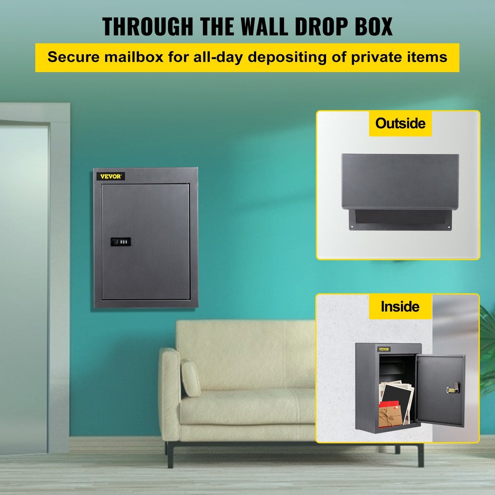 Vevor Through-the-wall Mailbox Letter Drop Box W/adjustable Chute&code Lock Grey