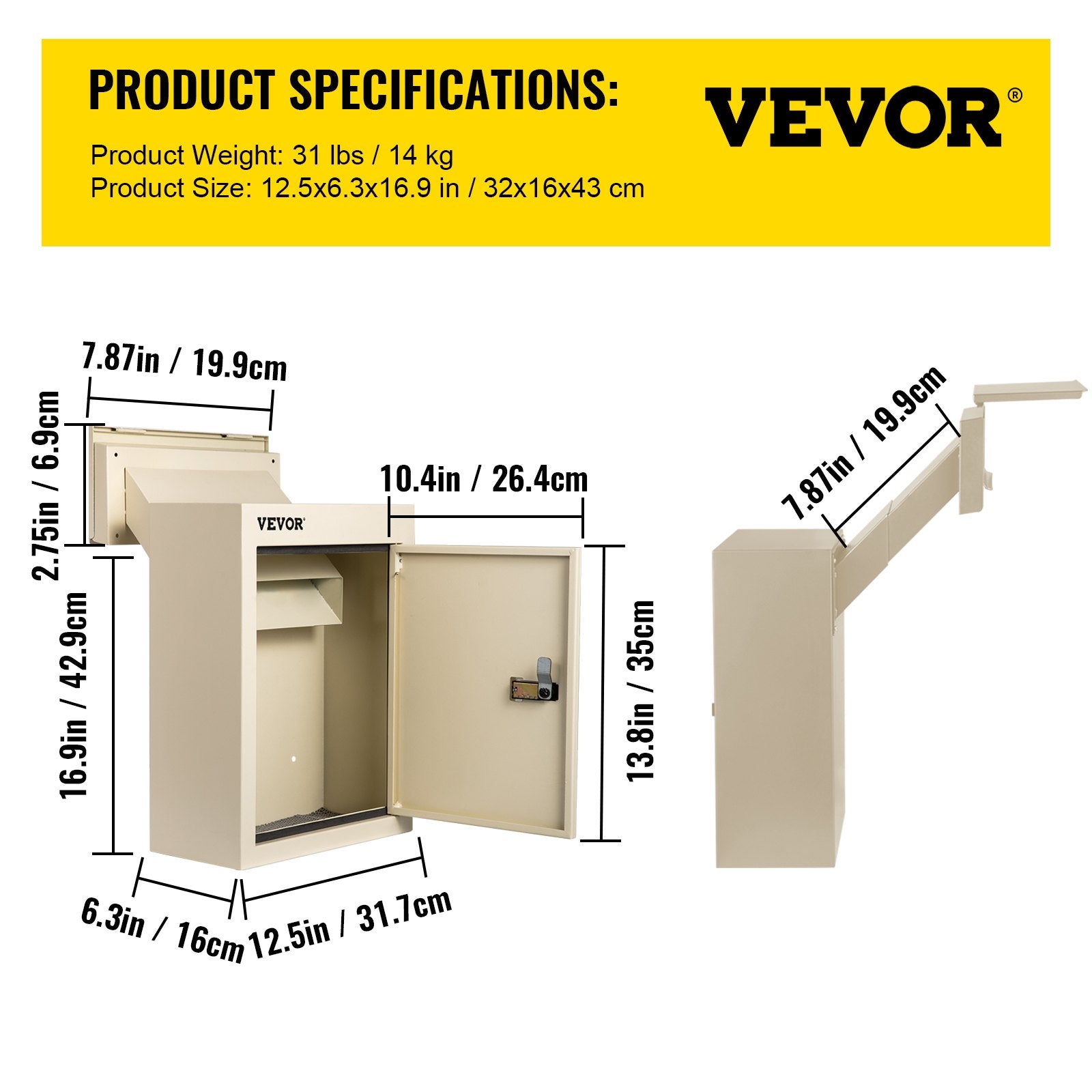 Vevor Through-the-wall Mailbox Letter Drop Box Adjustable Chute Rainproof Beige