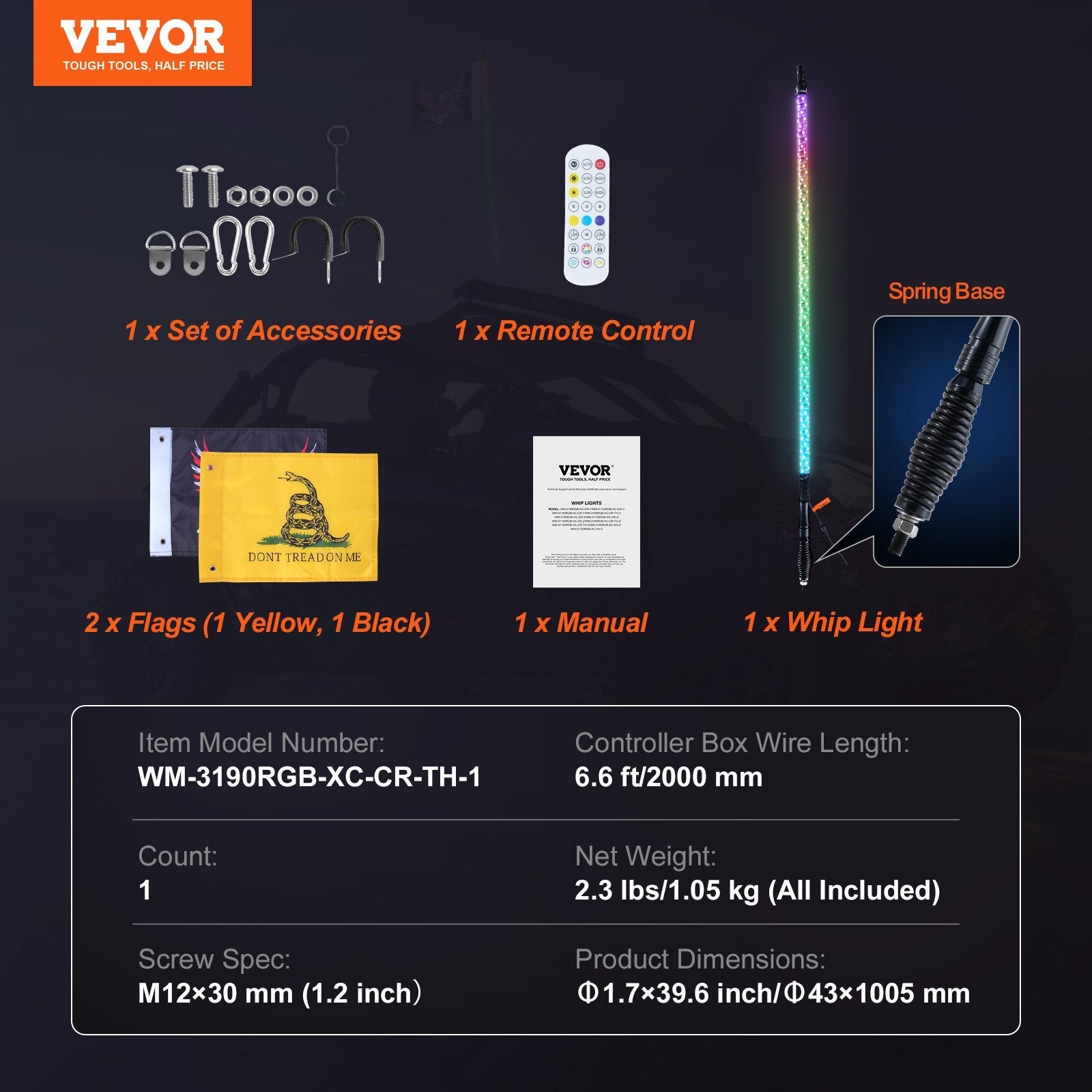 VEVOR 1 PC 3 FT Whip Light with Spring Base, Led Whip Light with APP & Remote Control, Waterproof 360° Spiral RGB Chasing Lighted Whip with 2 Flags, for UTVs, ATVs, Motorcycles, RZR, Can-am, Go-karts