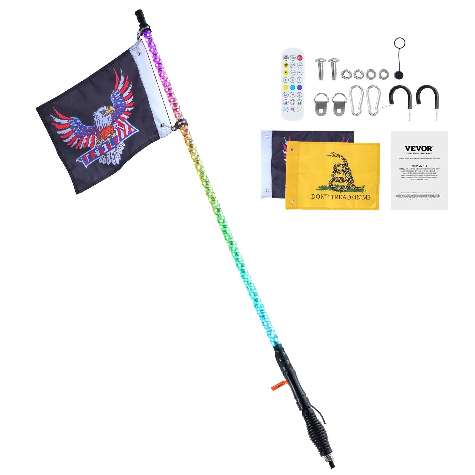 VEVOR 1 PC 3 FT Whip Light with Spring Base, Led Whip Light with APP & Remote Control, Waterproof 360° Spiral RGB Chasing Lighted Whip with 2 Flags, for UTVs, ATVs, Motorcycles, RZR, Can-am, Go-karts