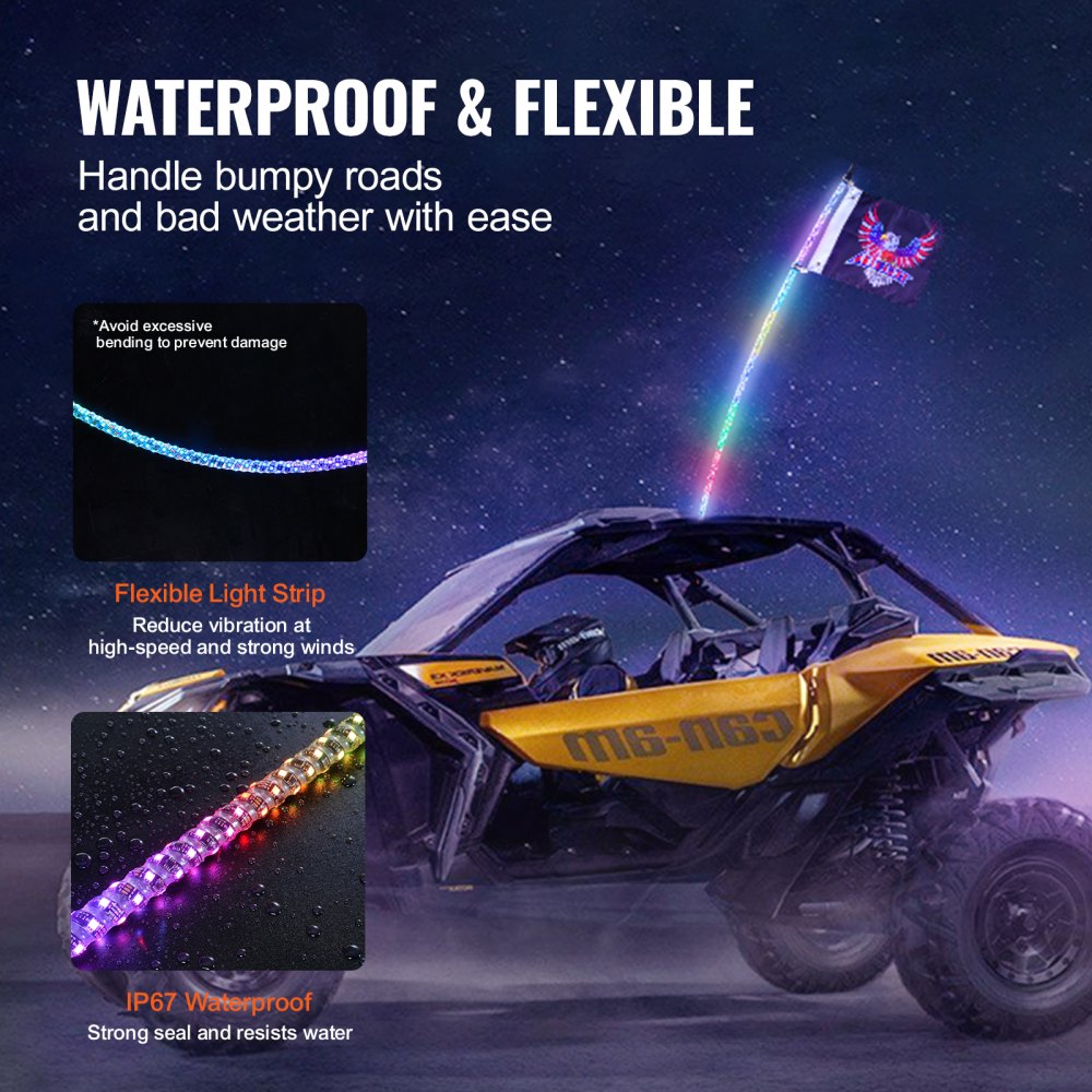 VEVOR 1 PC 4 FT Whip Light, APP & RF Remote Control Led Whip Light, Waterproof 360°Spiral RGB Chasing Lighted Whips with 2 Flags, for UTVs, ATVs, Motorcycles, RZR, Can-am, Trucks, Off-road, Go-karts