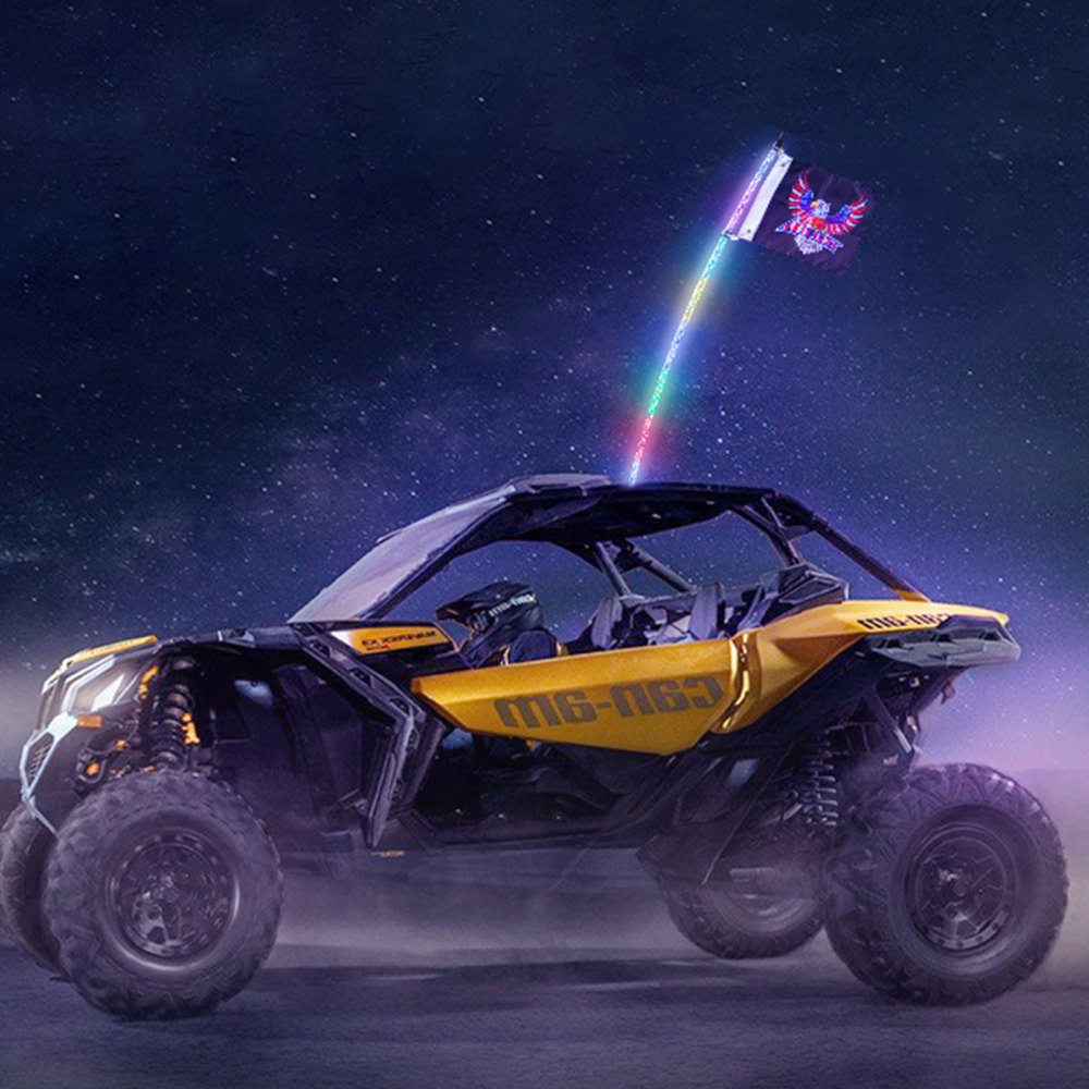 VEVOR 1 PC 4 FT Whip Light, APP & RF Remote Control Led Whip Light, Waterproof 360°Spiral RGB Chasing Lighted Whips with 2 Flags, for UTVs, ATVs, Motorcycles, RZR, Can-am, Trucks, Off-road, Go-karts