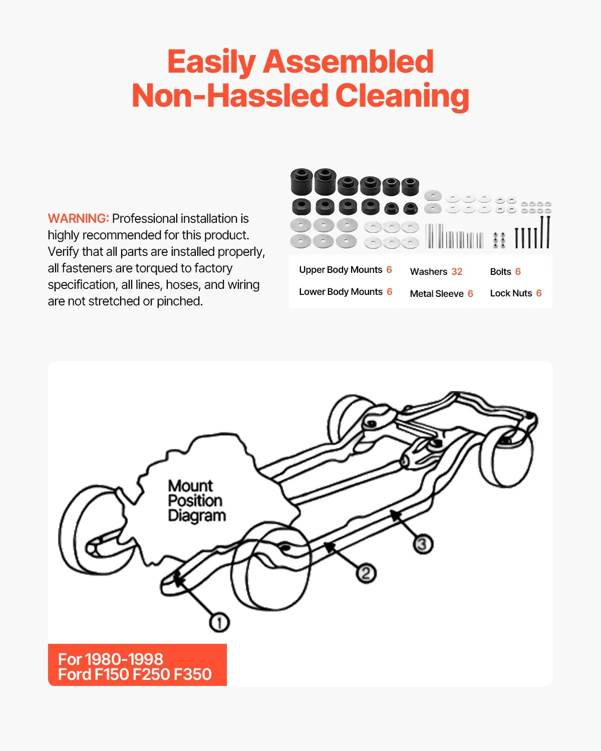 VEVOR Body Mount Bushing Kit, Compatible with 1980-1998 Ford F150 F250 F350, 62 PCS Polyurethane Body Mount Kit, Quick Replacement, Durable Components for Improving Bumpy Driving Performance, Black