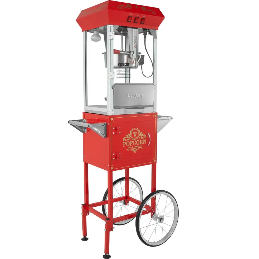 VEVOR Commercial Popcorn Machine, 8 Oz Kettle, 850 W Popcorn Maker on Wheels for 48 Cups per Batch, Theater Style Popper with 3-Switch Control Steel Frame Tempered Glass Doors Cart 1 Scoop 2 Spoons, R