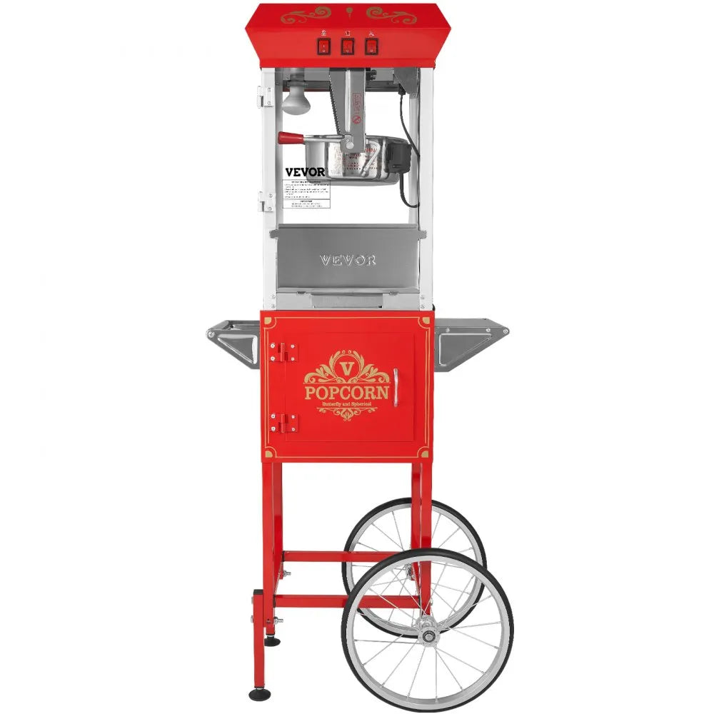 VEVOR Commercial Popcorn Machine, 8 Oz Kettle, 850 W Popcorn Maker on Wheels for 48 Cups per Batch, Theater Style Popper with 3-Switch Control Steel Frame Tempered Glass Doors Cart 1 Scoop 2 Spoons, R