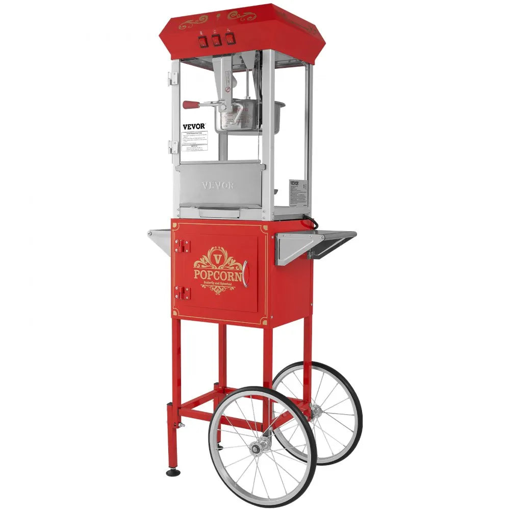 VEVOR Commercial Popcorn Machine, 8 Oz Kettle, 850 W Popcorn Maker on Wheels for 48 Cups per Batch, Theater Style Popper with 3-Switch Control Steel Frame Tempered Glass Doors Cart 1 Scoop 2 Spoons, R
