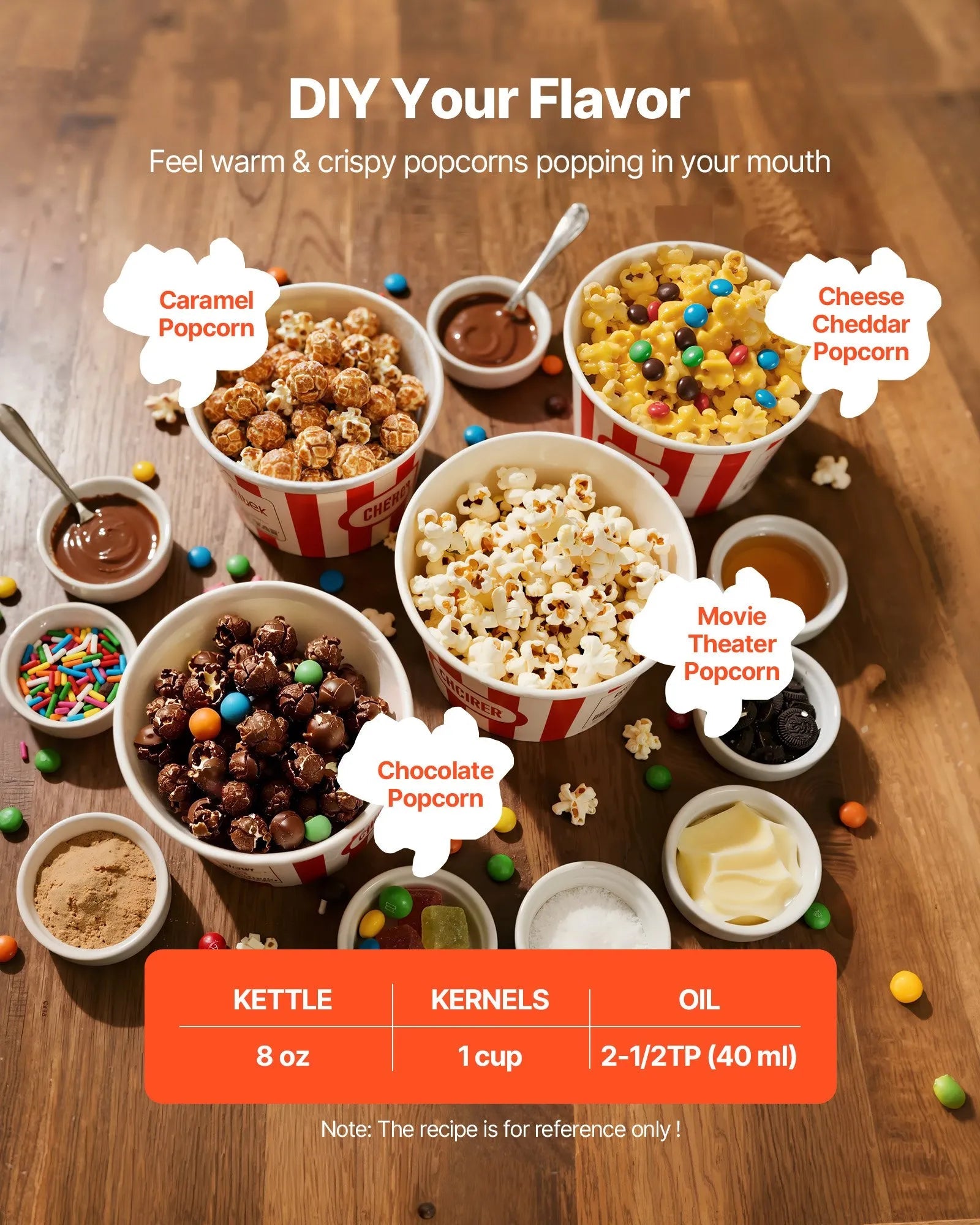 VEVOR Popcorn Machine with Cart, 8oz Stainless Steel Kettle, 800W Commercial Popcorn Maker, 48 Cups per Batch Theater Style Popper, with 2-Button Control Glass Wall PC Door 1 Scoop 3 Spoons, Red