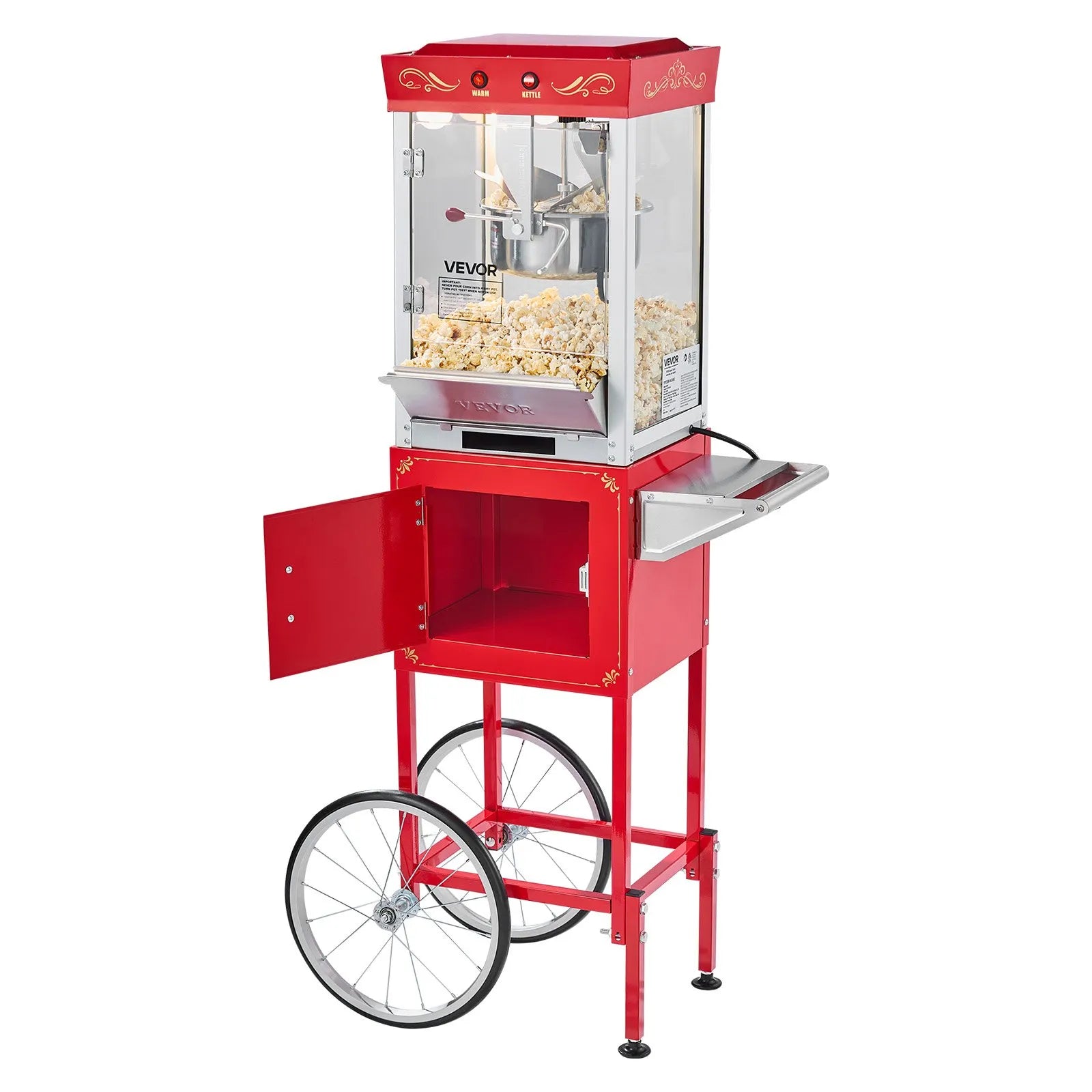 VEVOR Popcorn Machine with Cart, 8oz Stainless Steel Kettle, 800W Commercial Popcorn Maker, 48 Cups per Batch Theater Style Popper, with 2-Button Control Glass Wall PC Door 1 Scoop 3 Spoons, Red