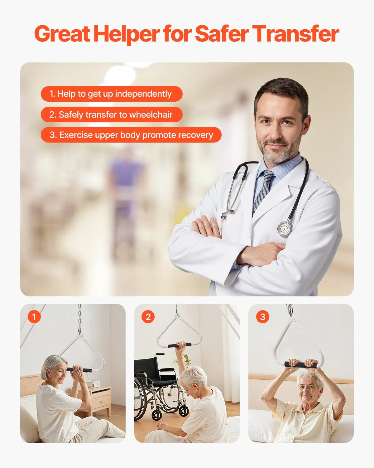 VEVOR Trapeze Bar for Bed Mobility 250LBS Bed Trapeze with Clamps & Metal Chain