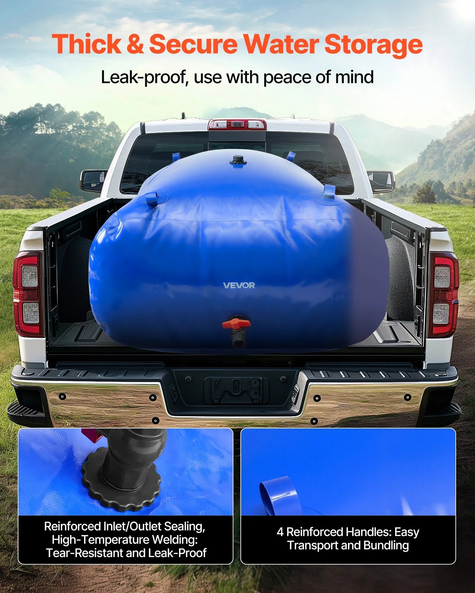 VEVOR Water Storage Bladder, 264 Gallon (1000L) Water Storage Container Tank, 1000D PVC Extra-Large Capacity Soft Bag Bladder, Foldable Portable for Garden Irrigation, Camping, RV, Fire Prevention