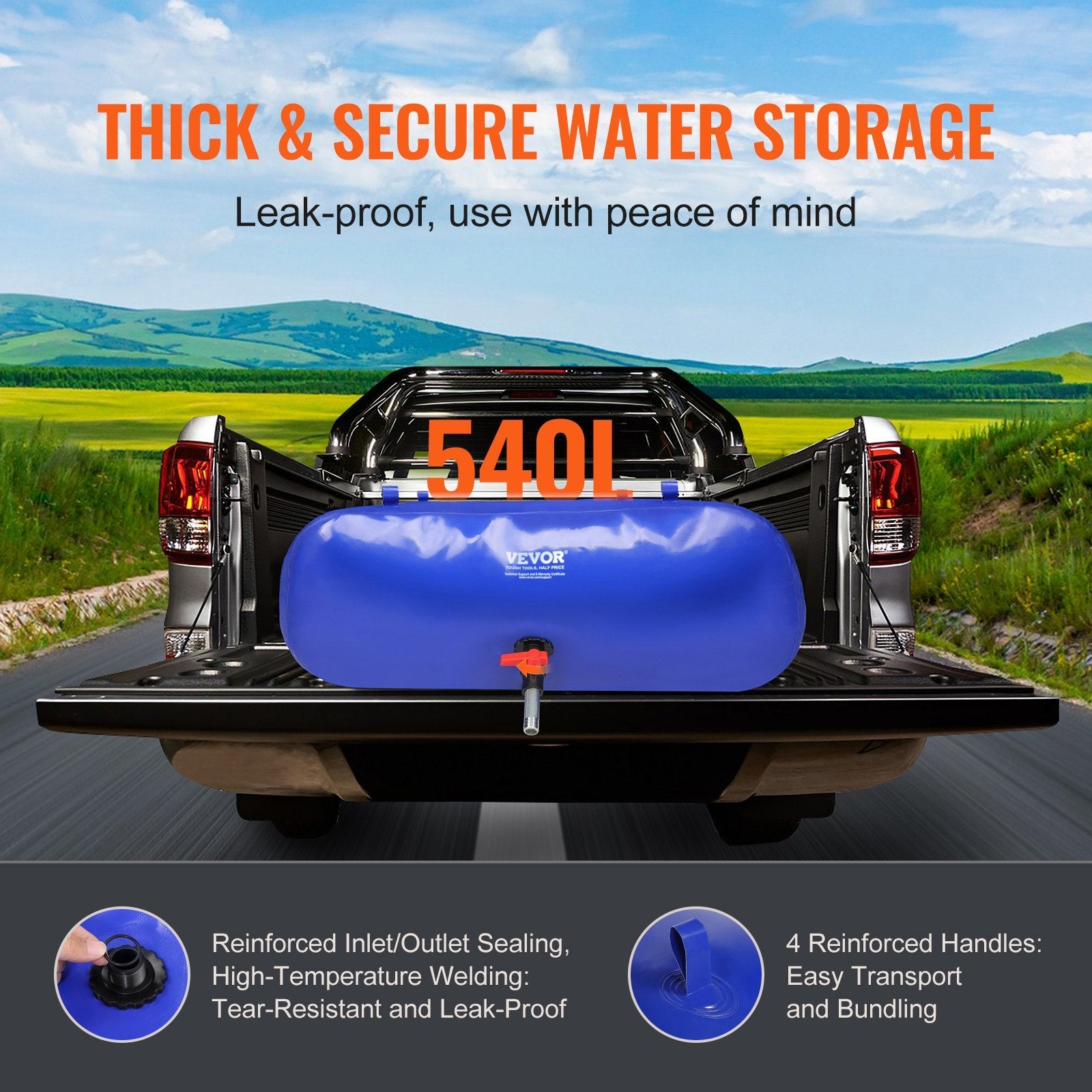 VEVOR 540L/142.7 Gallon Water Storage Bladder, RV Water Tank, 1000D Blue PVC Collapsible Water Storage Containers, Large Capacity Soft Water Bag, Portable Water Bladder, Fire Prevention, Camping, Emer