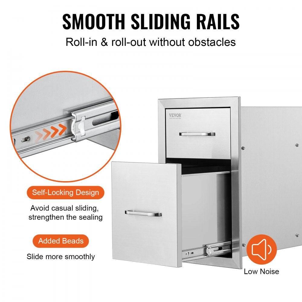 VEVOR Outdoor Kitchen Drawers 13\" W x 20.4\" H x 20.8\" D, Flush Mount Double BBQ Access Drawers with Stainless Steel Handle, BBQ Island Drawers for Outdoor Kitchens or Patio Grill Station