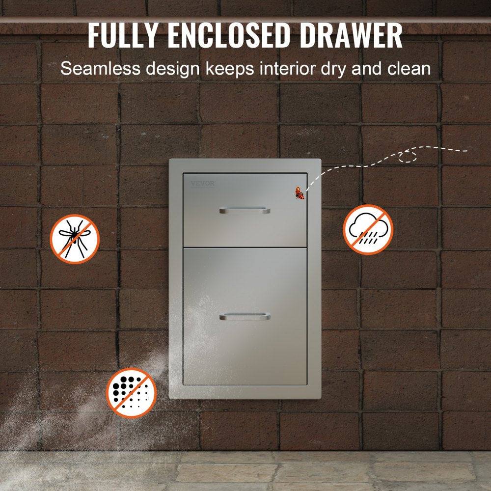 VEVOR Outdoor Kitchen Drawers 13\" W x 20.4\" H x 20.8\" D, Flush Mount Double BBQ Access Drawers with Stainless Steel Handle, BBQ Island Drawers for Outdoor Kitchens or Patio Grill Station