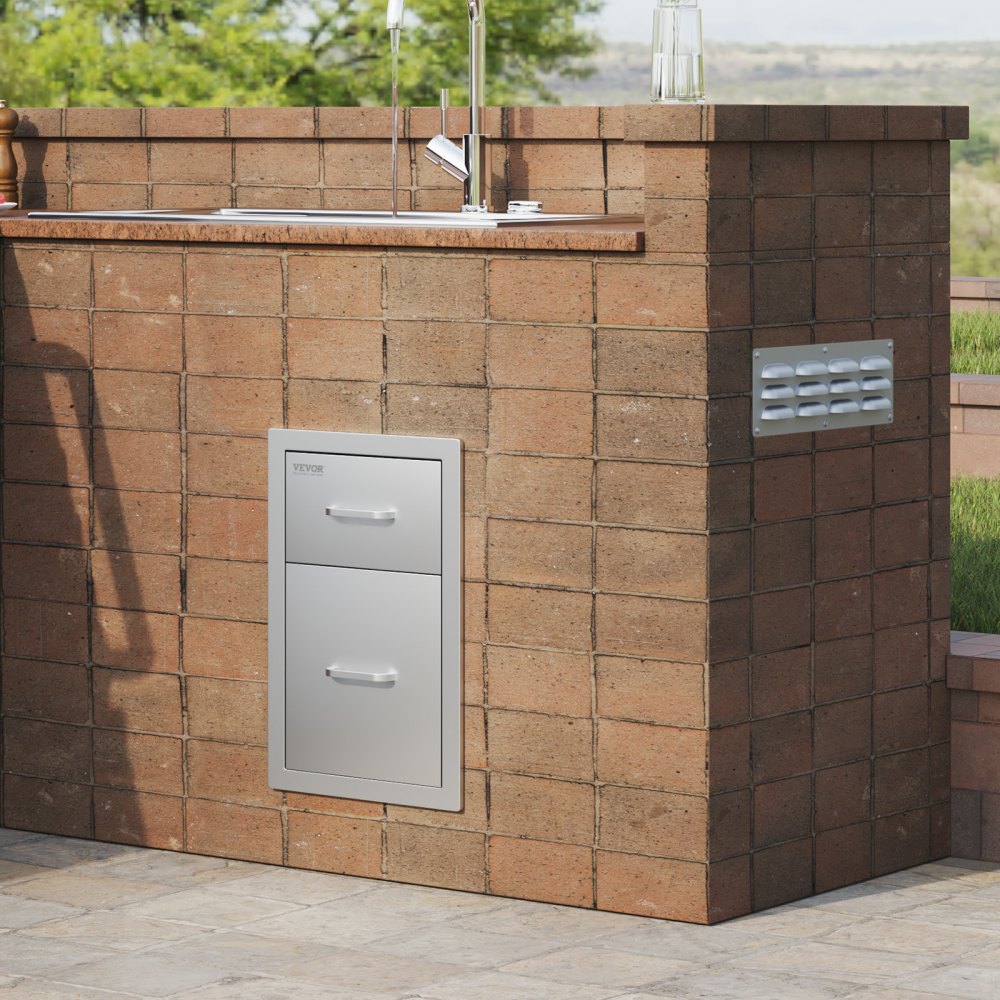 VEVOR Outdoor Kitchen Drawers 13\" W x 20.4\" H x 20.8\" D, Flush Mount Double BBQ Access Drawers with Stainless Steel Handle, BBQ Island Drawers for Outdoor Kitchens or Patio Grill Station