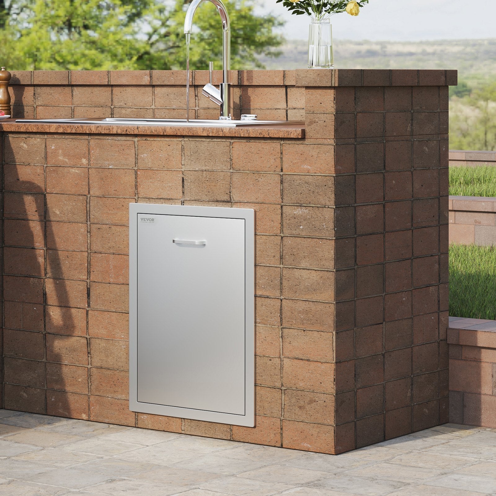 VEVOR Pull Out Trash Drawer 17.7x22.8 Inch Raised Style Trash Bin with Pull-Out Tray Stainless Steel Trash Drawer with Handle for Outdoor Kitchen BBQ Island