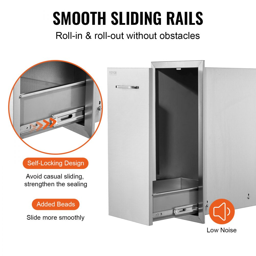 VEVOR Pull Out Trash Drawer 13.6Wx26H Inch Lower Sliding Rails Stainless Steel Trash Drawer with Pull-Out Tray and Handle for Outdoor Kitchen BBQ Island