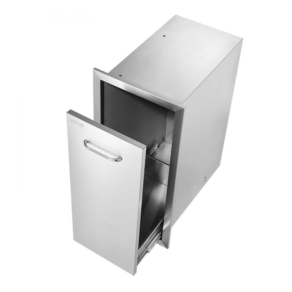 VEVOR Pull Out Trash Drawer 13.6Wx26H Inch Lower Sliding Rails Stainless Steel Trash Drawer with Pull-Out Tray and Handle for Outdoor Kitchen BBQ Island