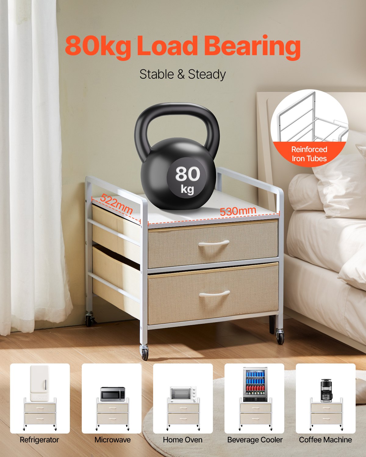 VEVOR Mini Fridge Stand with Storage 176 lbs White Mini Fridge Table 2 Drawers