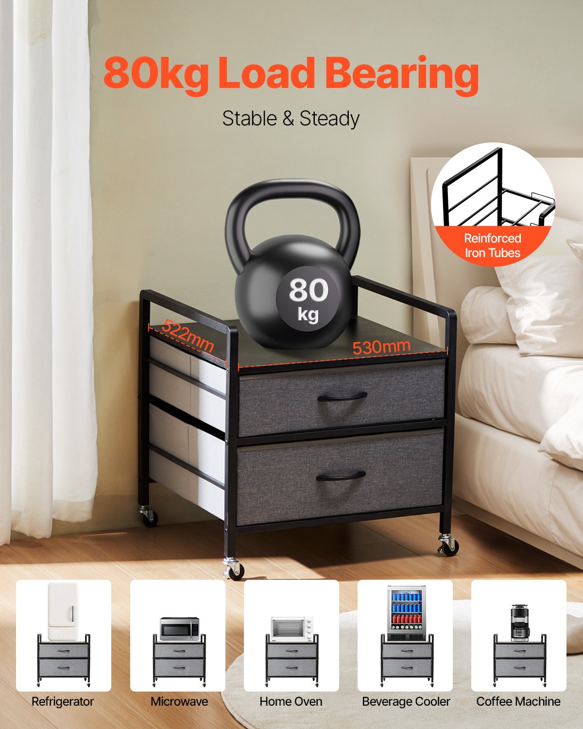 VEVOR Mini Fridge Stand with Storage 176 lbs Gray Mini Fridge Table 2 Drawers