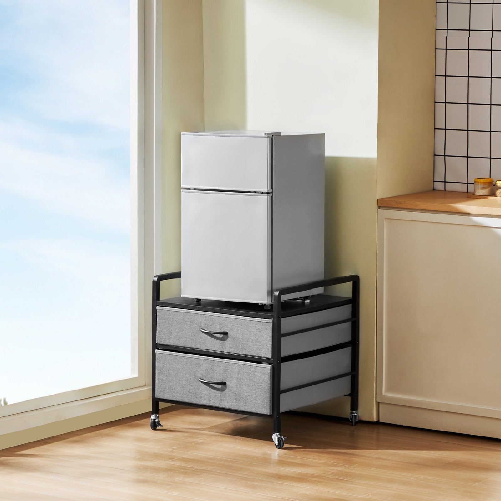 VEVOR Mini Fridge Stand with Storage 176 lbs Gray Mini Fridge Table 2 Drawers