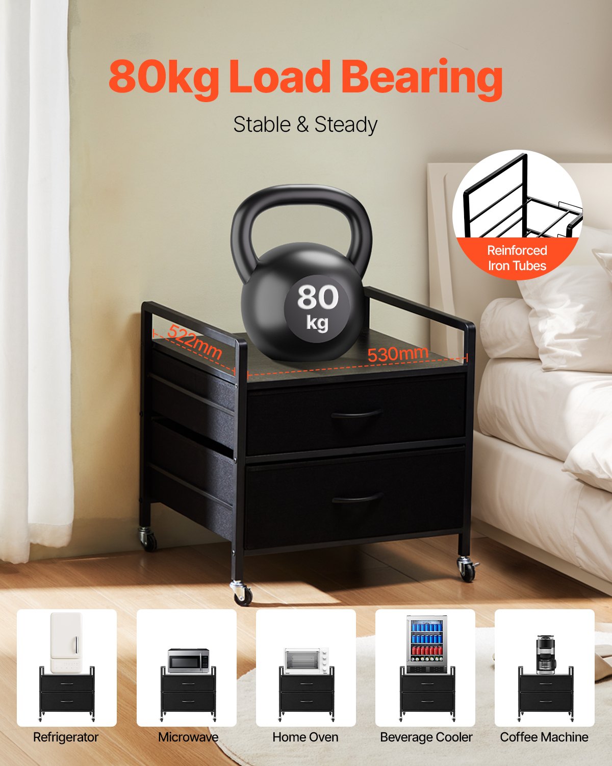 VEVOR Mini Fridge Stand with Storage 176 lbs Black Mini Fridge Table 2 Drawers