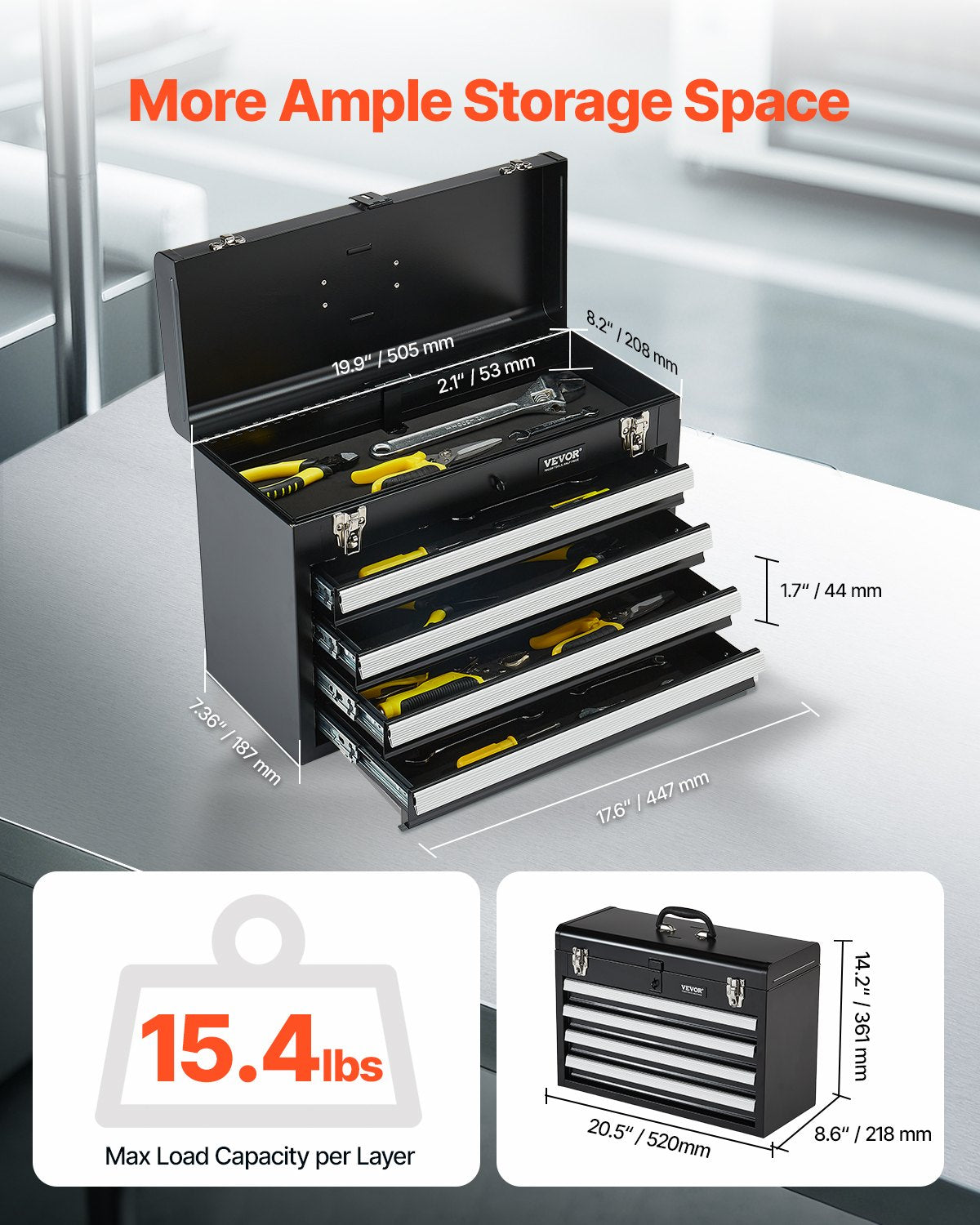 VEVOR Tool Box 20.5-inch Portable Metal Tool Box with 4 Drawers Tool Organizer
