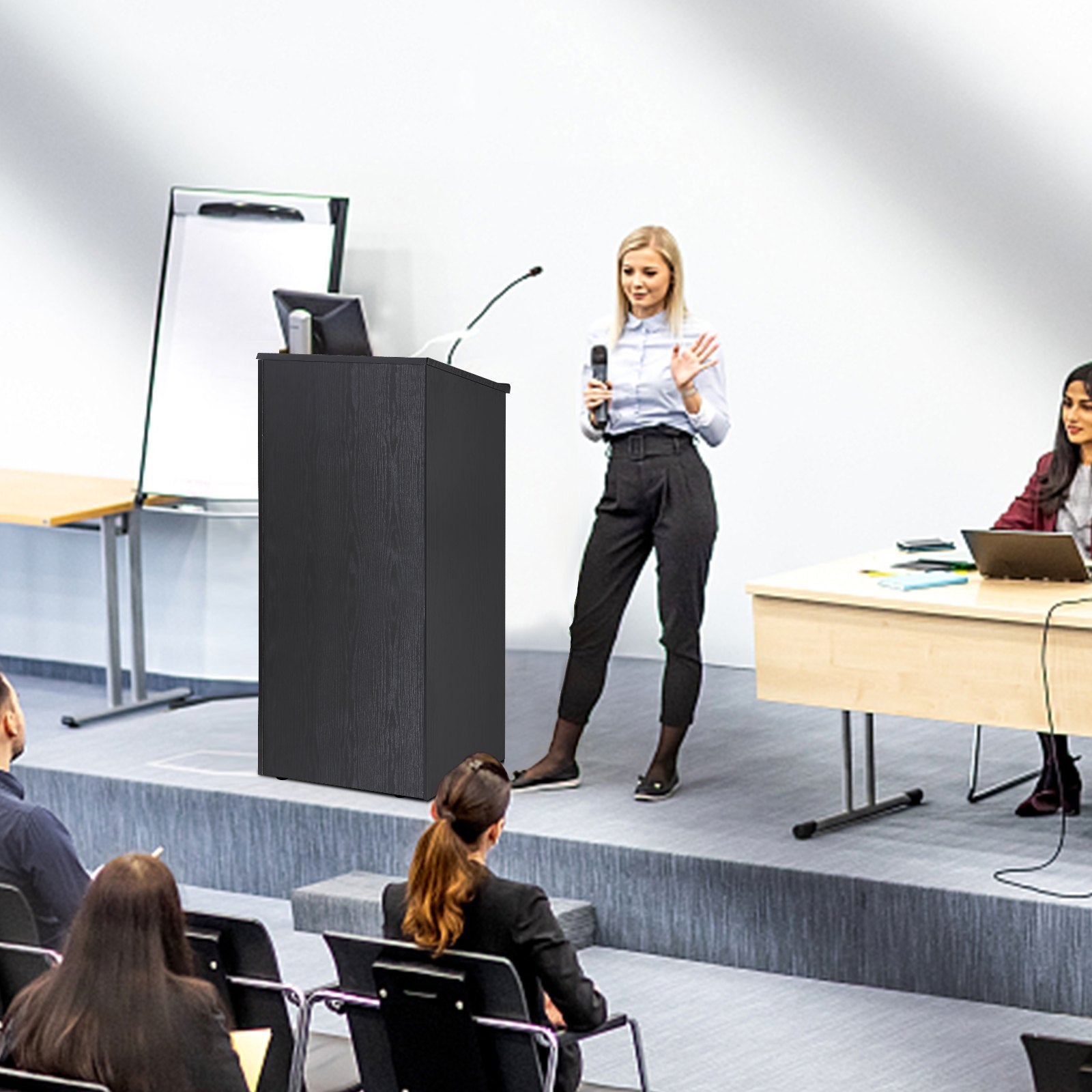 VEVOR Podium Stand, 47 in Hostess Stand with 4 Rolling Wheels, Wood Podium with Storage Shelves, and Slant Desktop, Lecterns & Podiums for Church, Office, School, Home, Black