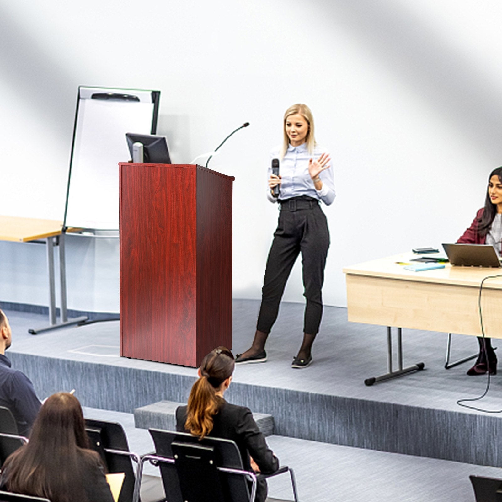 VEVOR Podium Stand, 47 in Hostess Stand with 4 Rolling Wheels, Wood Podium with Storage Shelves, and Slant Desktop, Lecterns & Podiums for Church, Office, School, Home, Brown