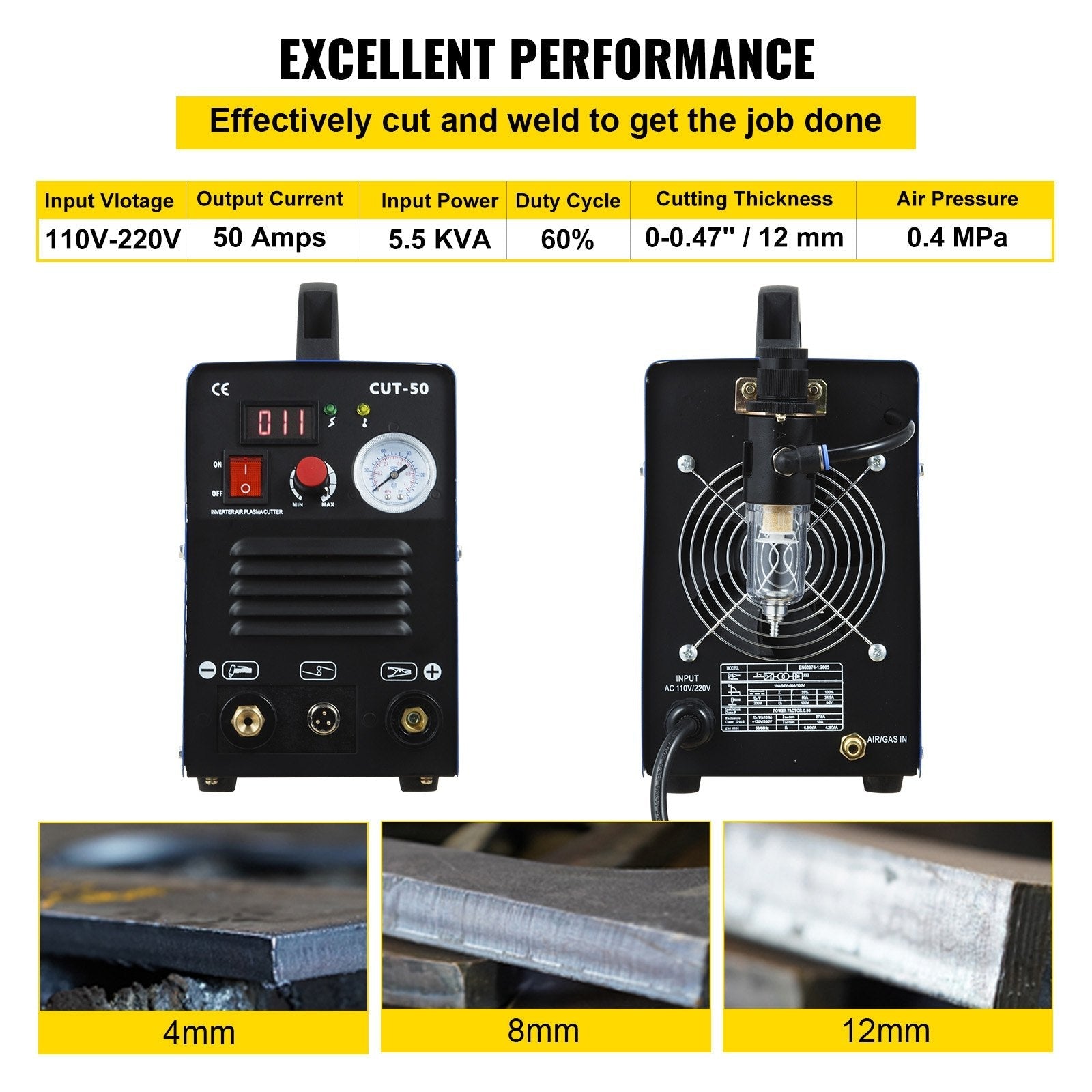 VEVOR Plasma Cutter, CUT-50 Air Inverter Plasma Cutter, 50A Plasma Cutting Machine, Max Cutting Thickness 0.47\" Air Plasma Cutter, Digital Display Cutter Machine, Air Plasma Cutting Machine w/ Kit