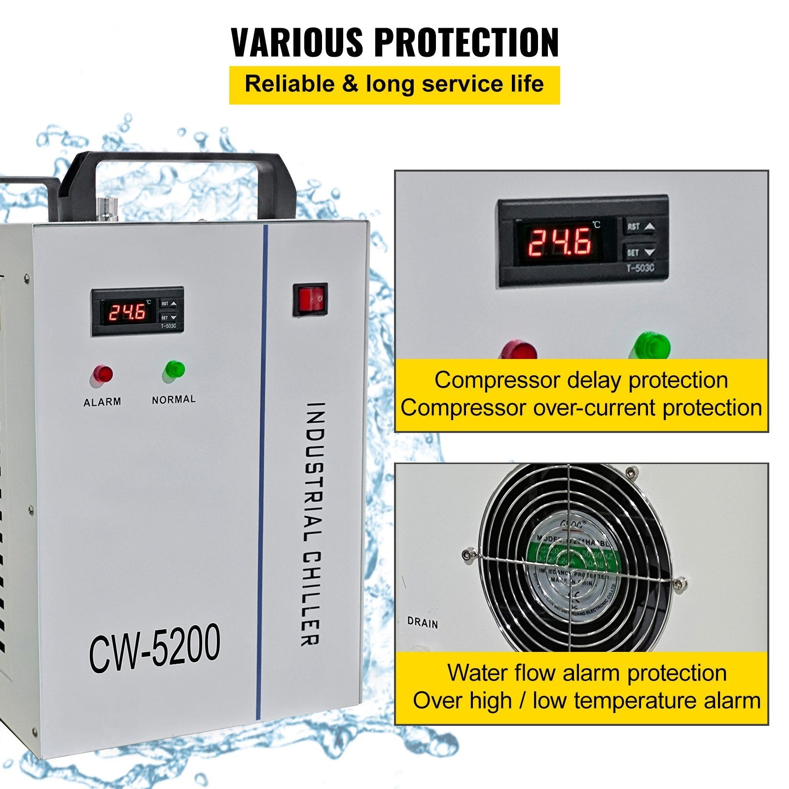 VEVOR Industrial Water Chiller CW5200DG, 8.5L 1400W 0.93HP Water Cooler Cools 5200 BTU/Hour Thermolysis Water Chiller for CO2 130 to 150W Laser Engraving & Cutting Machines