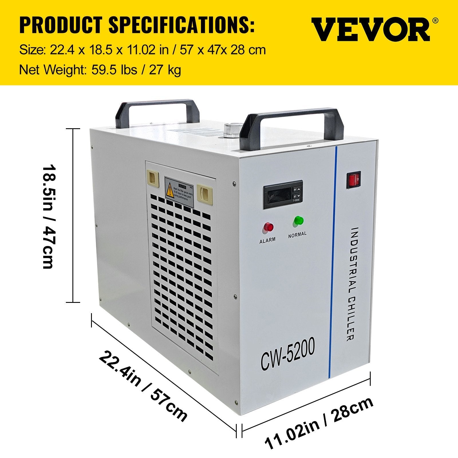 VEVOR Industrial Water Chiller CW5200DG, 8.5L 1400W 0.93HP Water Cooler Cools 5200 BTU/Hour Thermolysis Water Chiller for CO2 130 to 150W Laser Engraving & Cutting Machines