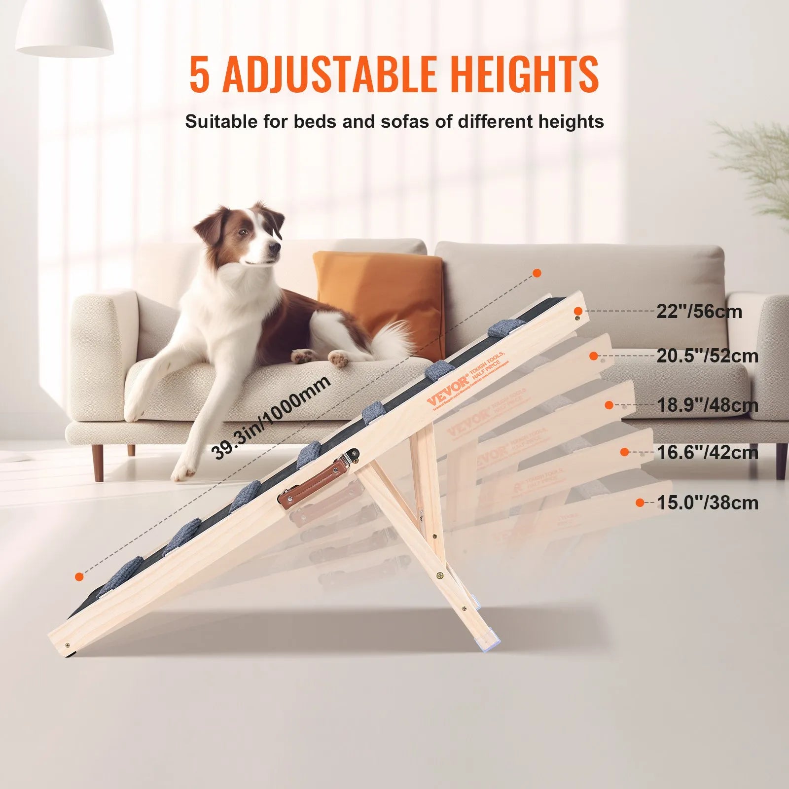 VEVOR Dog Ramp, Folding Pet Ramp for Bed, Adjustable Dog Ramp for Small, Large, Old Dogs & Cats, Wooden Pet Ramp with 39.3" Long Ramp, Adjustable from 15" to 22", Suitable for Couch, Sofa, Car