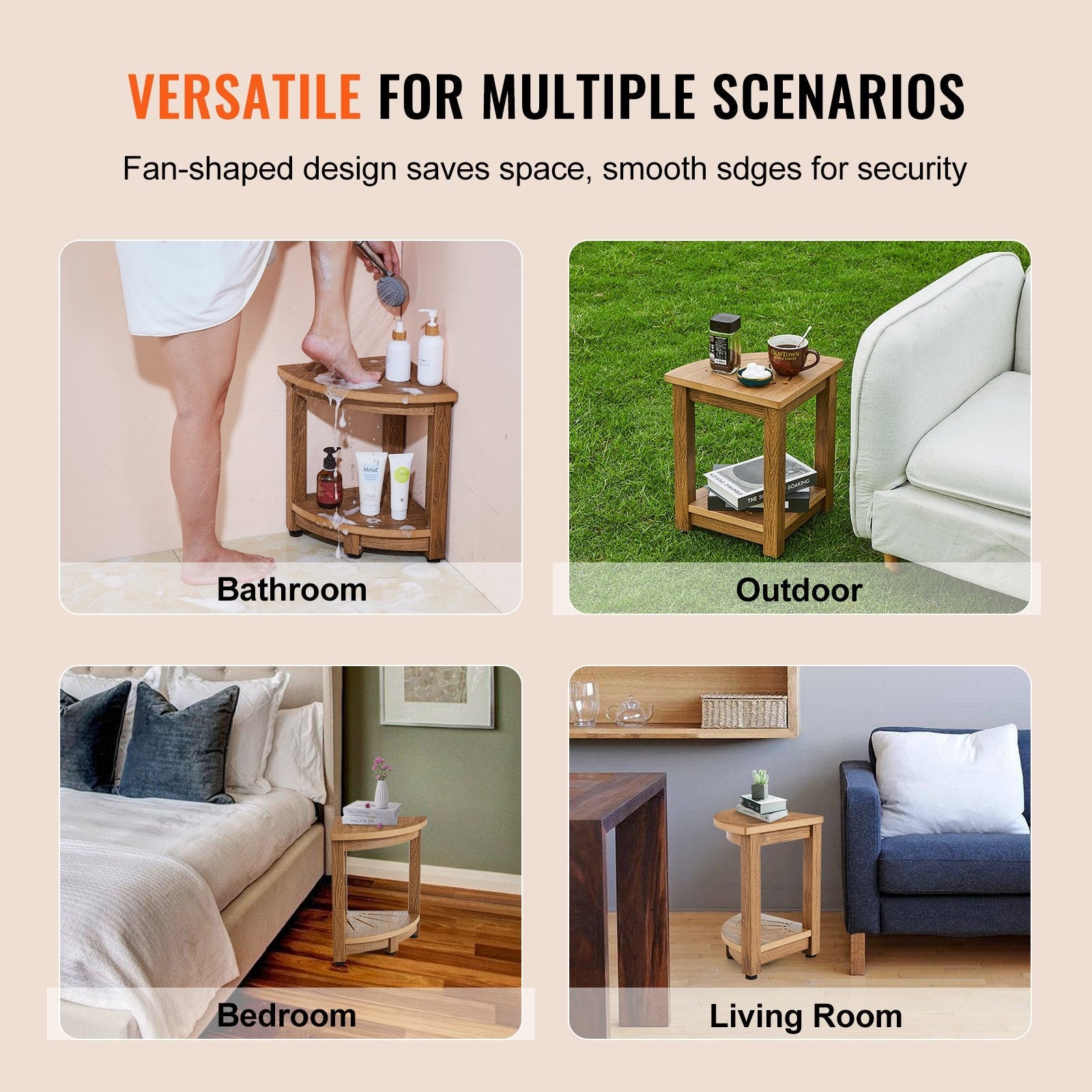 VEVOR Corner Shower Bench, 16.5" Height 12.8" Radius, Faux Wood Grain Polystyrene, 350 LBS with Storage Shelf, Water Resistant, Shower Stool for Inside & Outside Shower, for Bathroom, Living Room