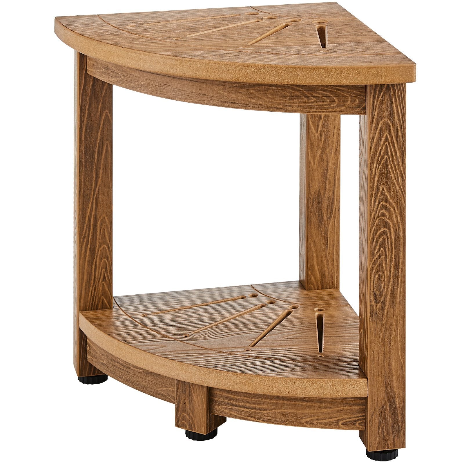 VEVOR Corner Shower Bench, 16.5" Height 12.8" Radius, Faux Wood Grain Polystyrene, 350 LBS with Storage Shelf, Water Resistant, Shower Stool for Inside & Outside Shower, for Bathroom, Living Room