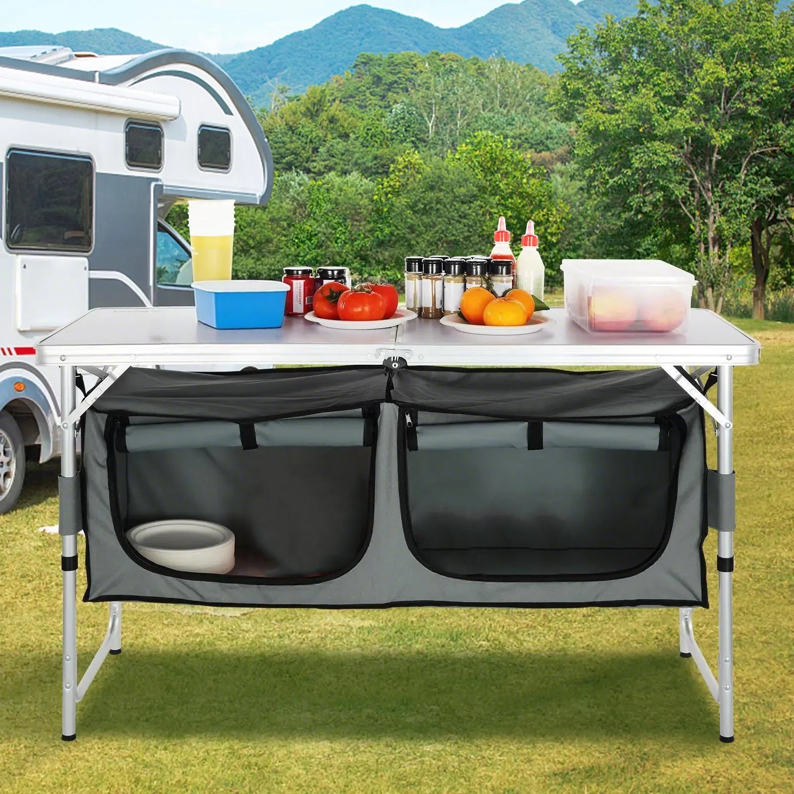 Camping Kitchen Table – Folding Outdoor Cook Station with Storage & Carry Bag