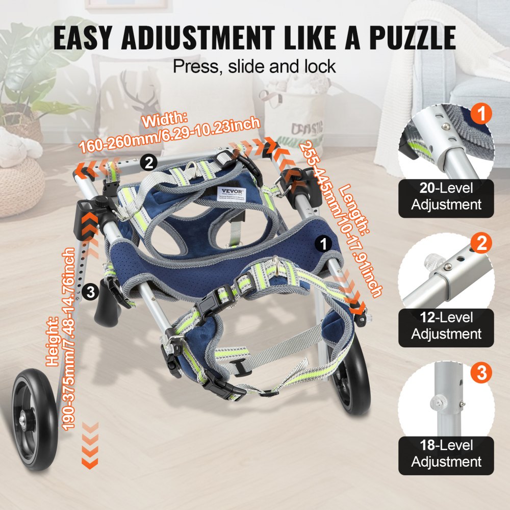 VEVOR 2 Wheels Dog Wheelchair for Back Legs, Pet Wheelchair Lightweight & Adjustable Assisting in Healing, Dog Cart/Wheelchair for Injured, Disabled, Paralysis, Hind Limb Weak Pet(XS)