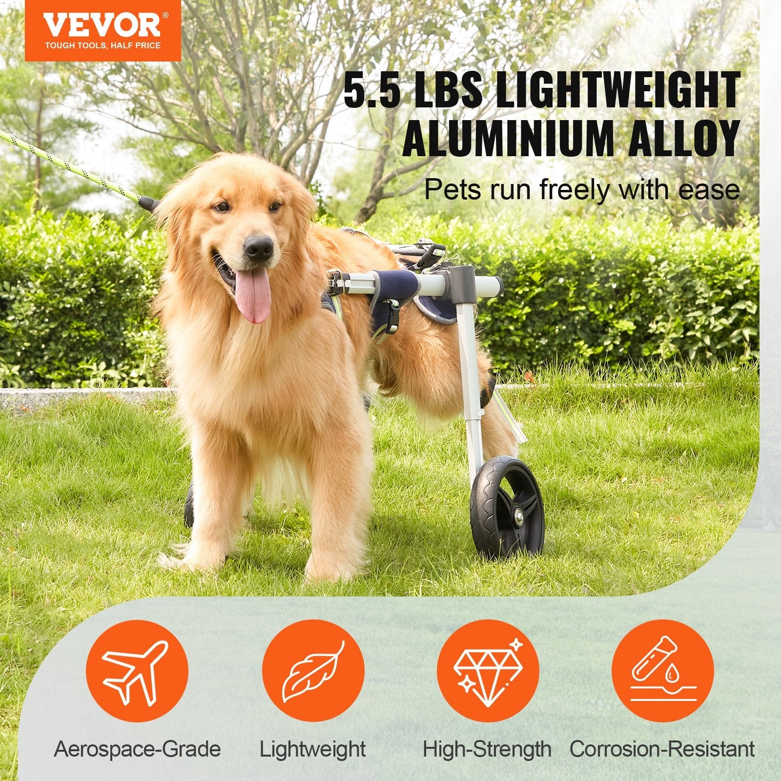 VEVOR 2 Wheels Dog Wheelchair for Back Legs, Pet Wheelchair Lightweight & Adjustable Assisting in Healing, Dog Cart/Wheelchair for Injured, Disabled, Paralysis, Hind Limb Weak Pet(M)