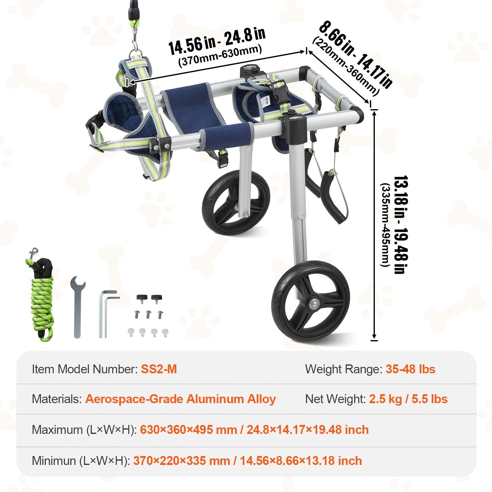 VEVOR 2 Wheels Dog Wheelchair for Back Legs, Pet Wheelchair Lightweight & Adjustable Assisting in Healing, Dog Cart/Wheelchair for Injured, Disabled, Paralysis, Hind Limb Weak Pet(M)