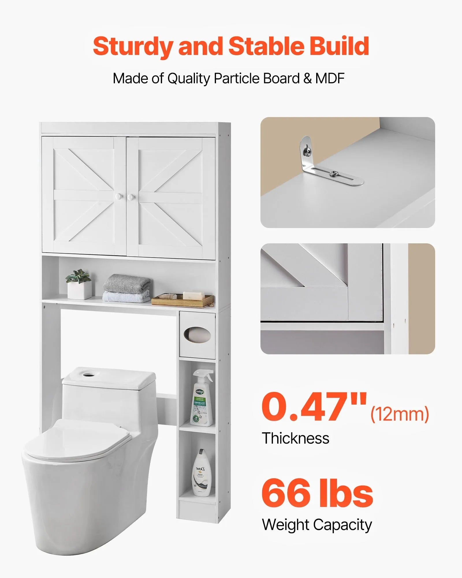 VEVOR Over The Toilet Storage Cabinet, 67.44 in Height Bathroom Storage Organizer with Double Door and Adjustable Shelf, Bathroom Space Saver Organizer Above Toilet with Open Shelf, White