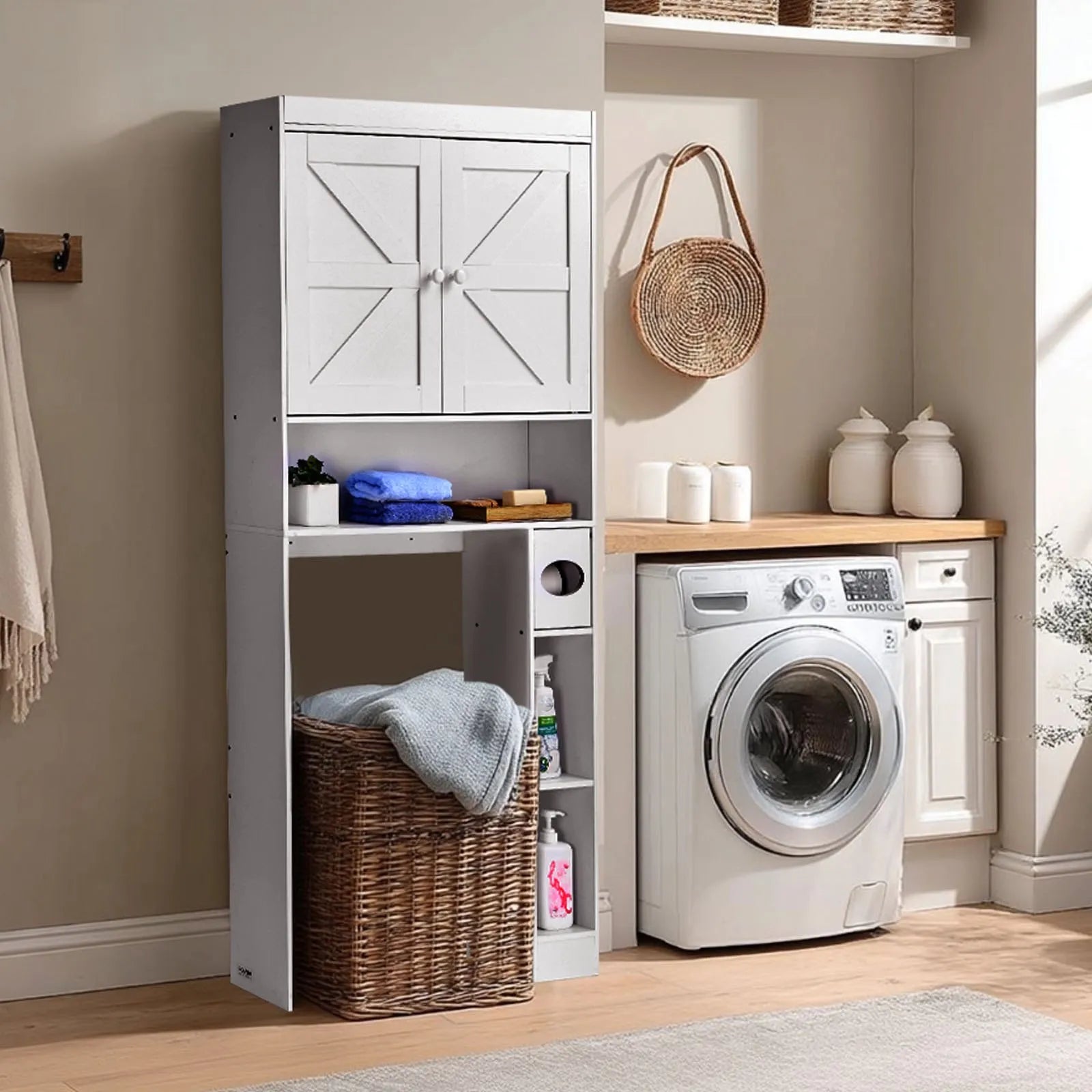 VEVOR Over The Toilet Storage Cabinet, 67.44 in Height Bathroom Storage Organizer with Double Door and Adjustable Shelf, Bathroom Space Saver Organizer Above Toilet with Open Shelf, White