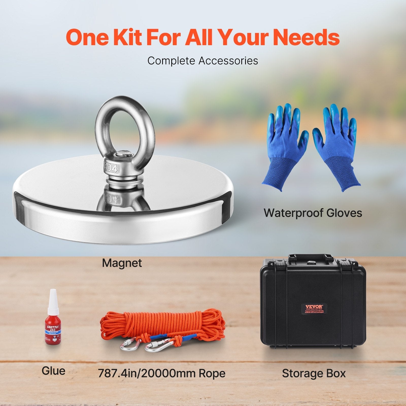VEVOR 2000 LBS Strong Fishing Magnet Kit Single Sided Pull Force Rope Carabiner