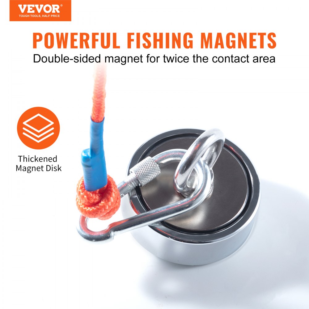 VEVOR Magnet Fishing Kit, 1200lbs Pulling Force Double Sided Fishing Magnets, 2.95inch Diameter Magnet with Rope, Grappling Hook, Gloves, Waterproof Case, Threadlocker, Eye Bolt, for Fishing