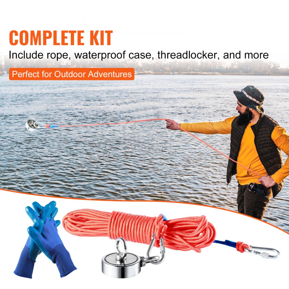 VEVOR Magnet Fishing Kit, 1200lbs Pulling Force Double Sided Fishing Magnets, 2.95inch Diameter Magnet with Rope, Grappling Hook, Gloves, Waterproof Case, Threadlocker, Eye Bolt, for Fishing