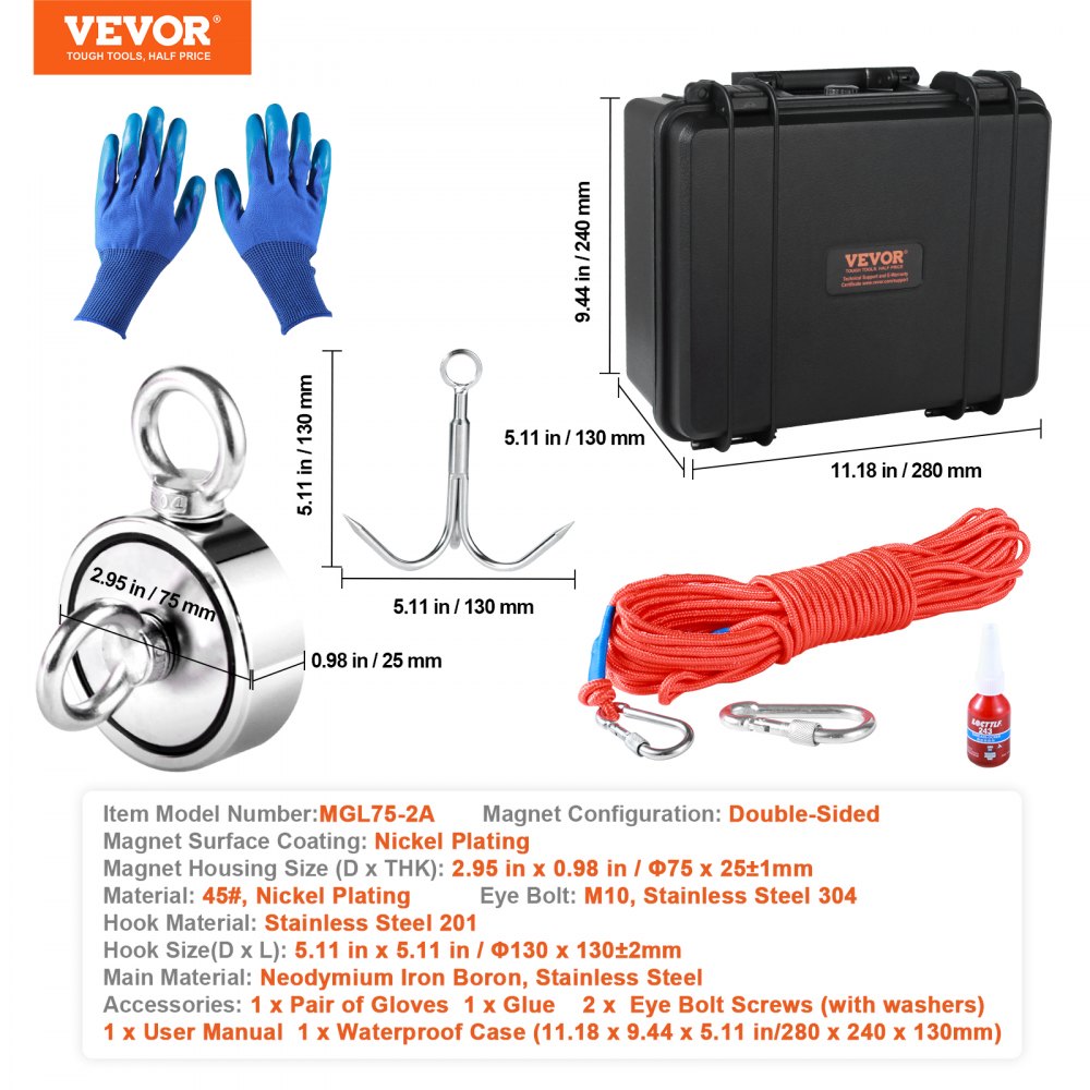 VEVOR Magnet Fishing Kit, 1200lbs Pulling Force Double Sided Fishing Magnets, 2.95inch Diameter Magnet with Rope, Grappling Hook, Gloves, Waterproof Case, Threadlocker, Eye Bolt, for Fishing