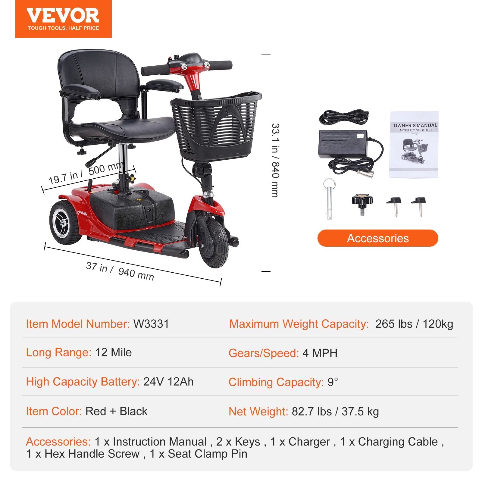 VEVOR 3 Wheel Folding Mobility Scooter for Adults & Seniors, Heavy-Duty Electric Powered Mobility Scooter & 12 Mile Long Range, All Terrain Travel Wheelchair with 9° Climbing Capacity, 265lb Capacity