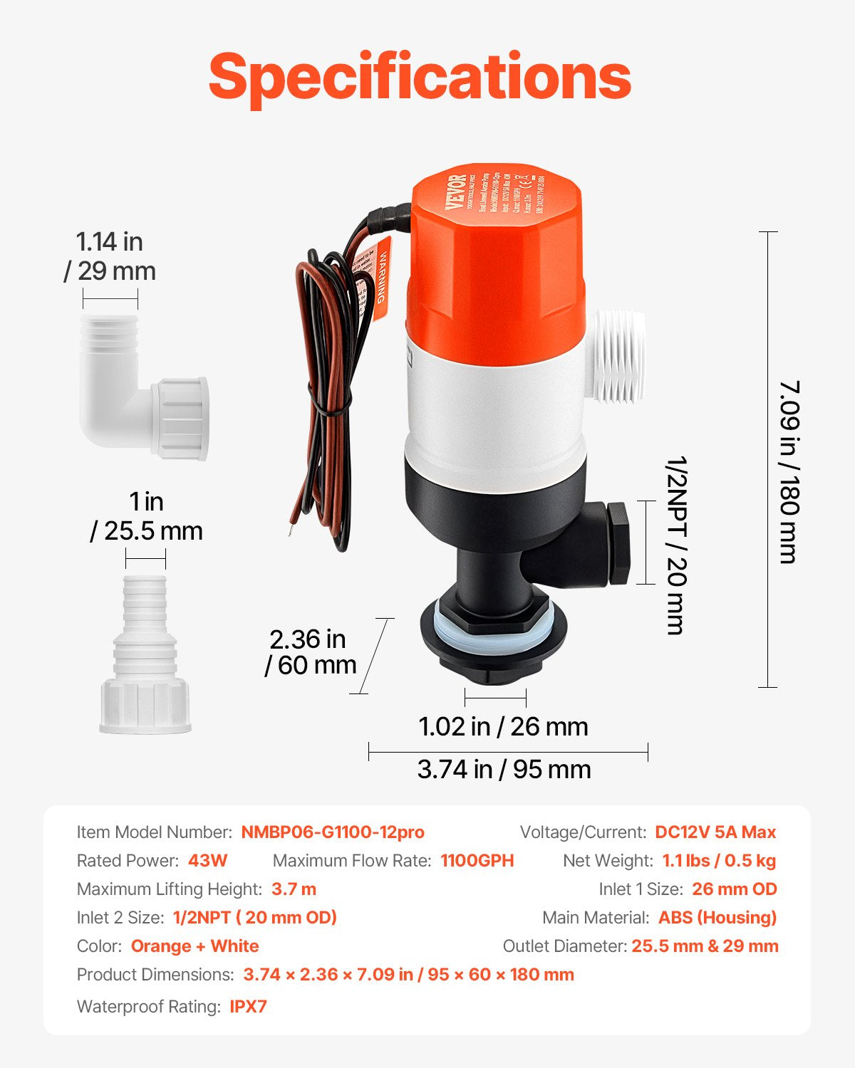 VEVOR Livewell Pump for Boat 12V 1100GPH Livewell Aerator Pump Straight 2 Inlets