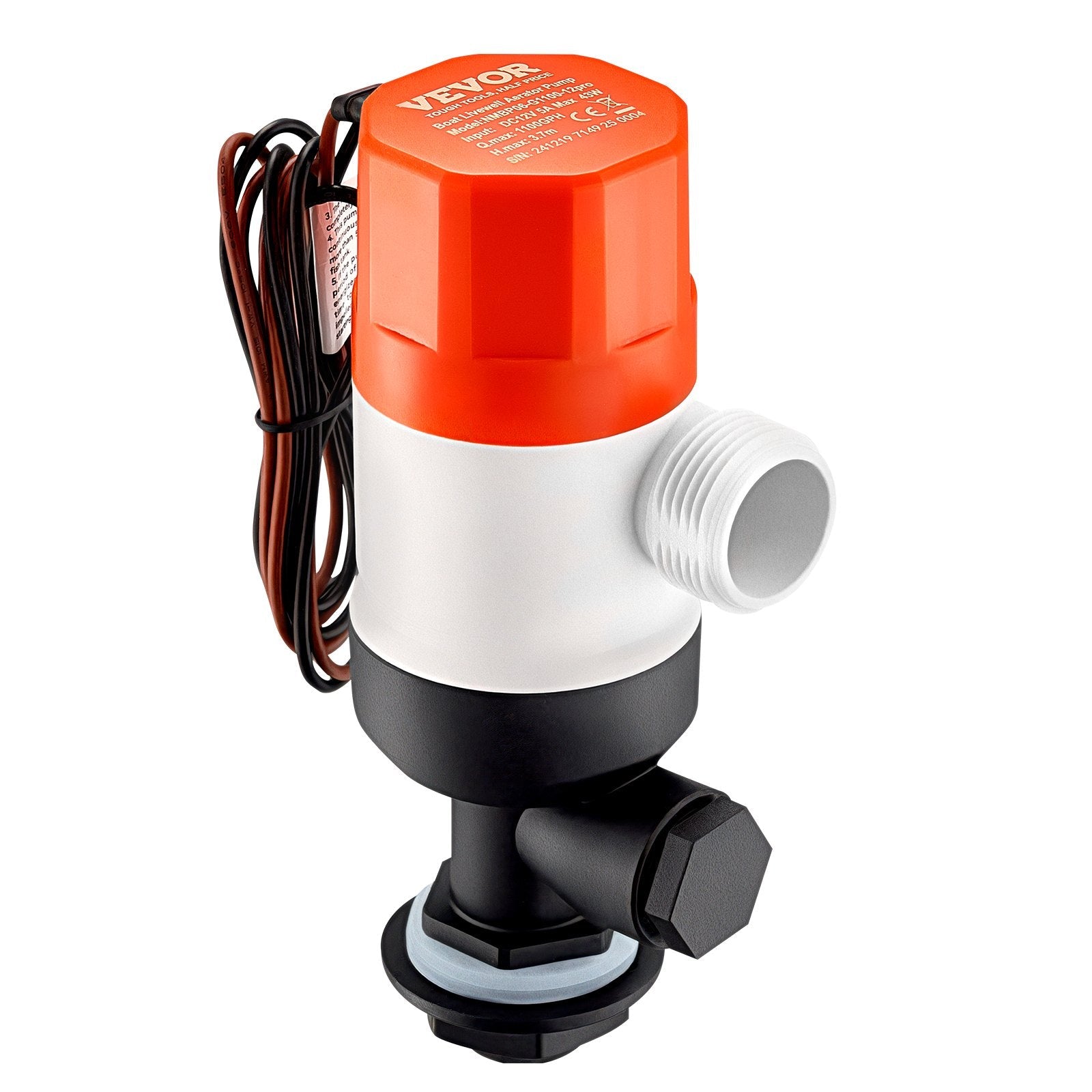 VEVOR Livewell Pump for Boat 12V 1100GPH Livewell Aerator Pump Straight 2 Inlets