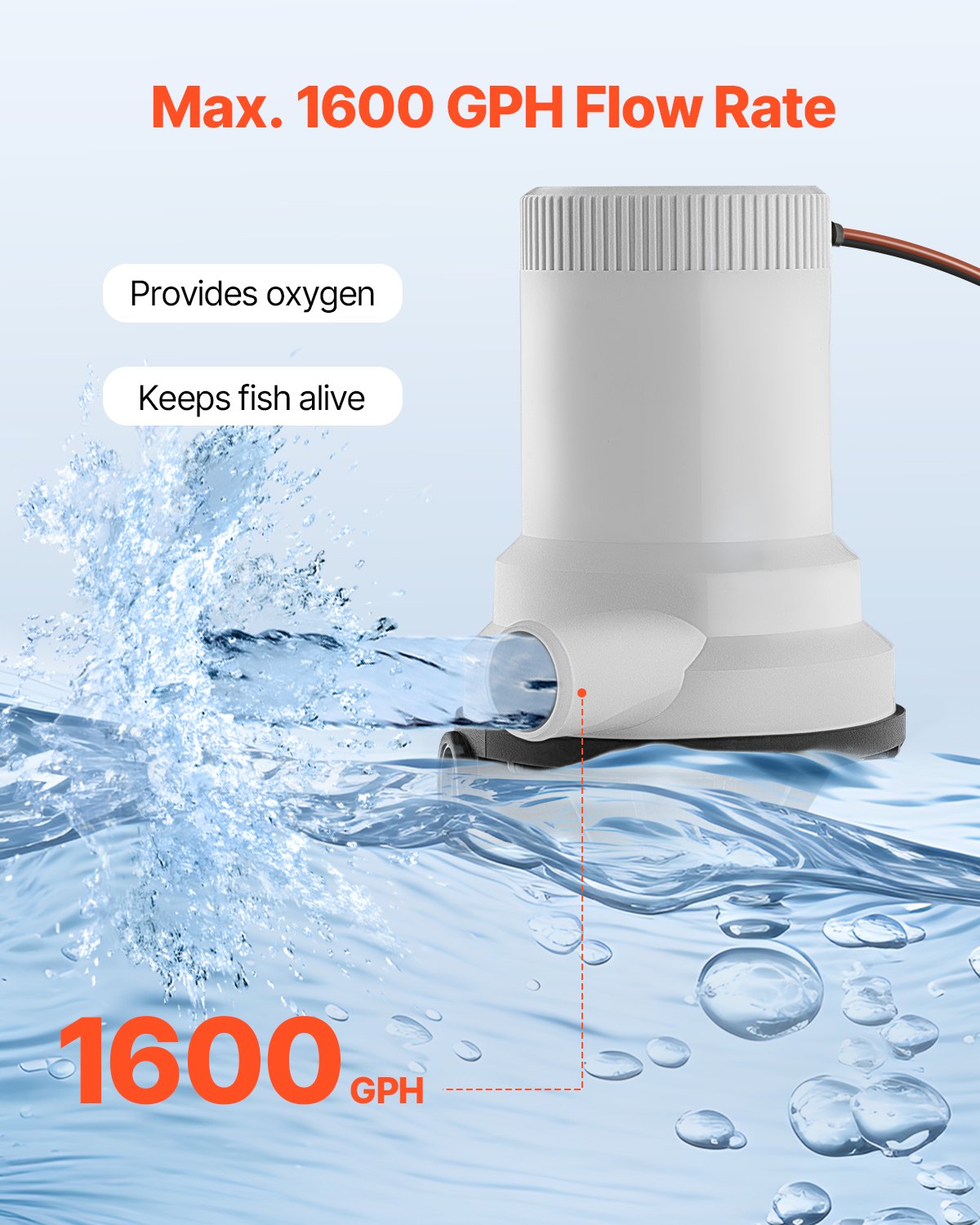 VEVOR Livewell Pump for Boat 12V 1600GPH Livewell Aerator Pump Straight 2 Inlets